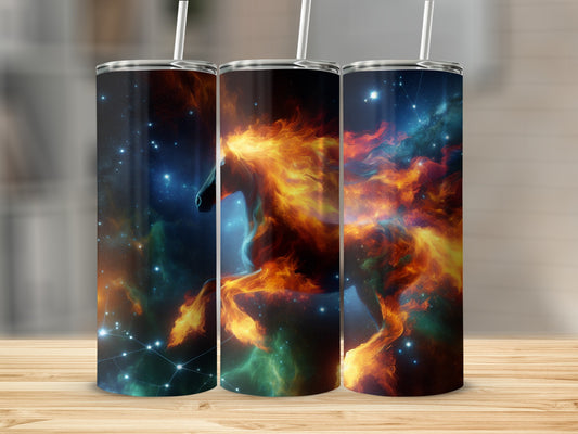 Fiery horse silhouette with nebula and star patterns on a tumbler.