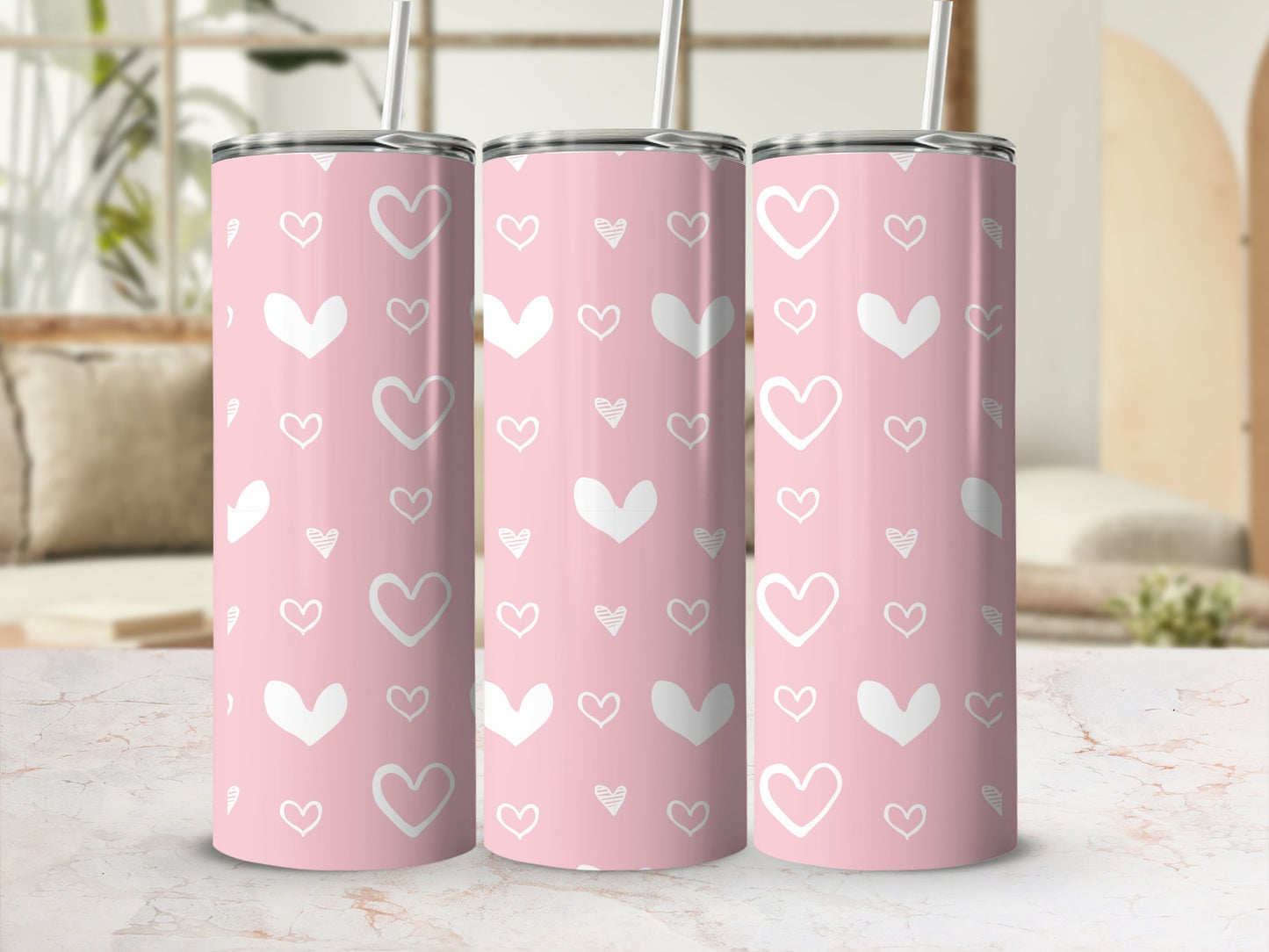 Pink Tumbler with White Hearts for Valentine's Gift