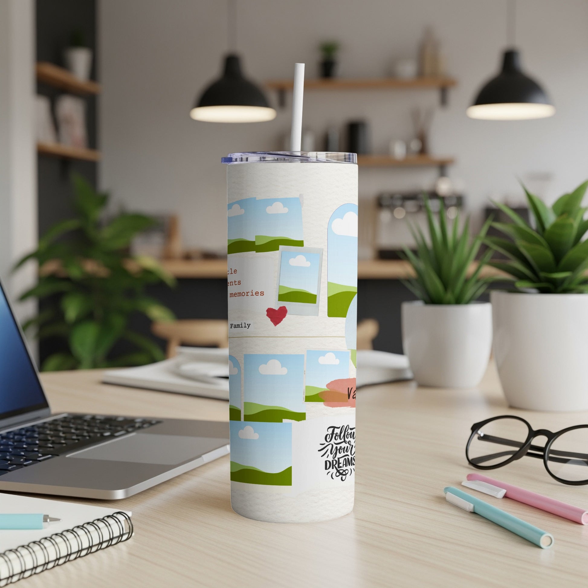 Tumbler with collage of landscape photos, family text, and "Follow your dreams" quote.
