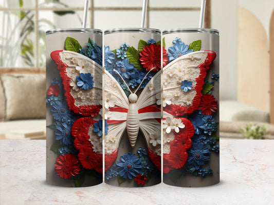 Three tumblers decorated with a large butterfly and floral patterns.