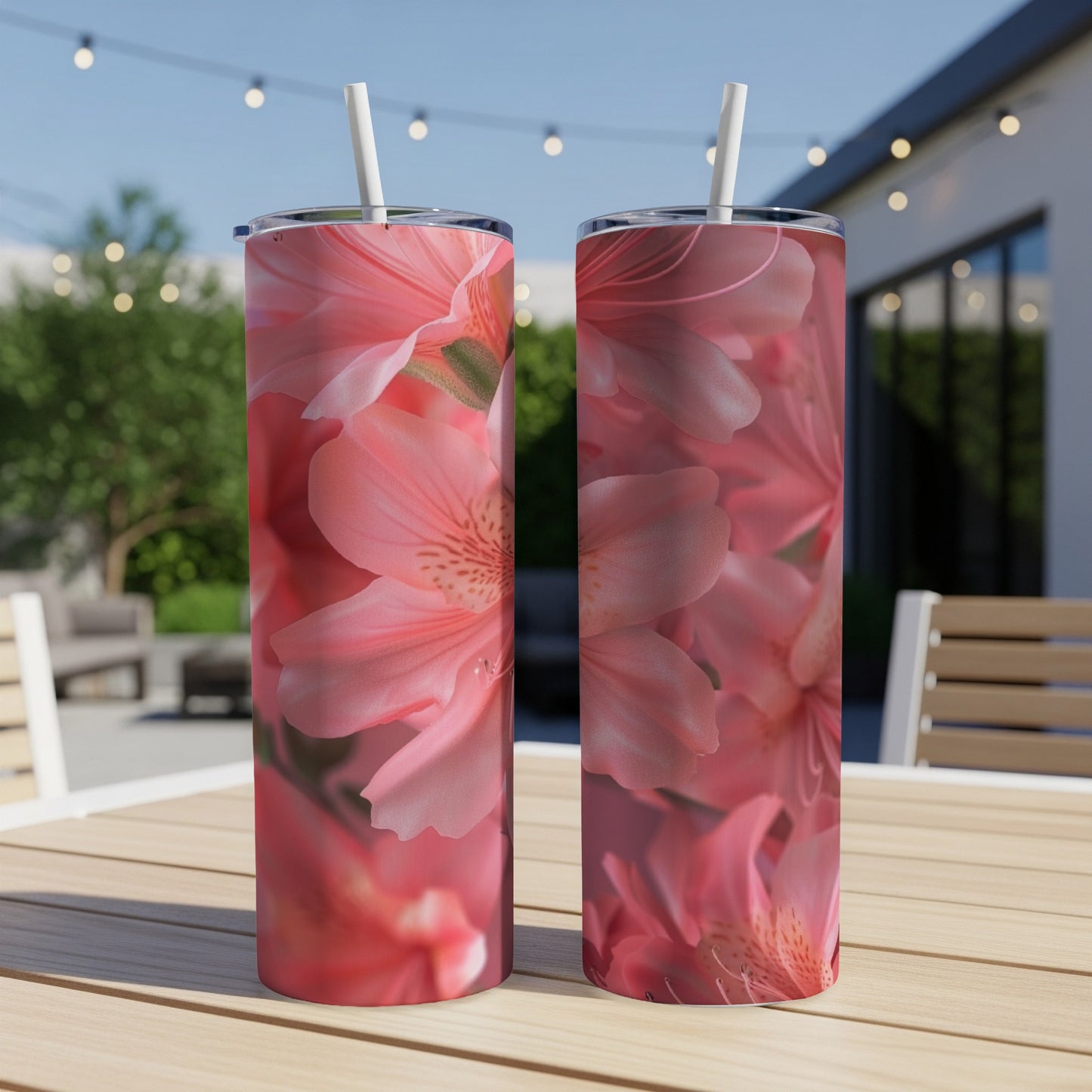 Two tall tumblers with a close-up floral pink bloom pattern.