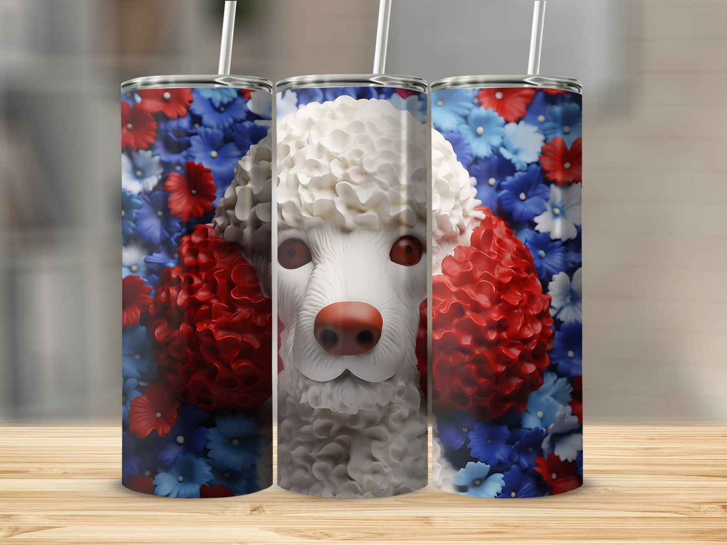 Three tumblers with a poodle face design on a floral background.
