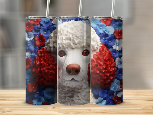Three tumblers with a poodle face design on a floral background.