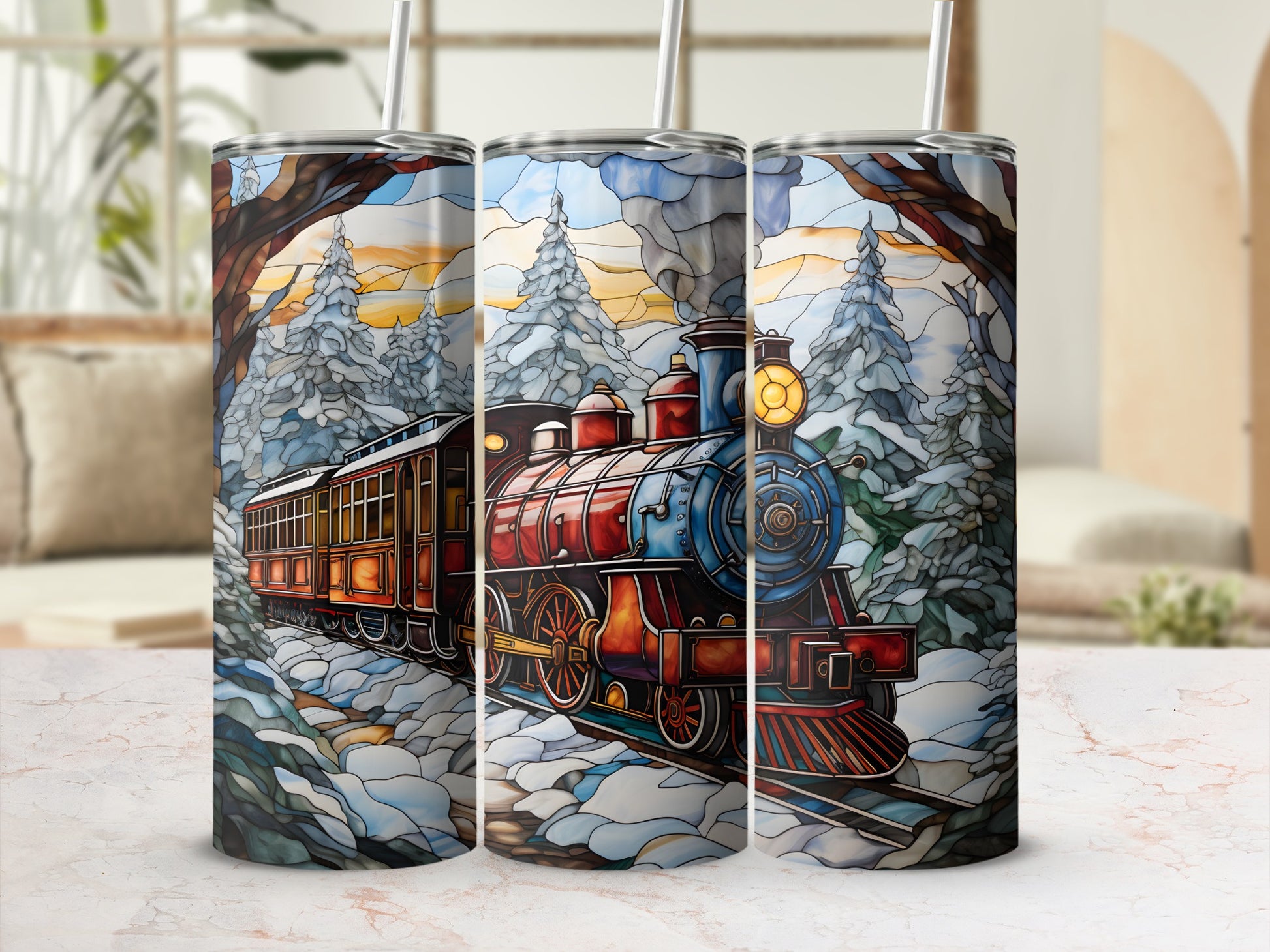 Vintage train in snowy forest landscape, stained glass effect.