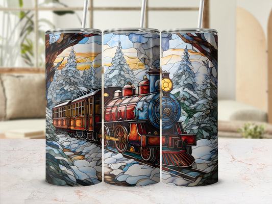 Vintage train in snowy forest landscape, stained glass effect.