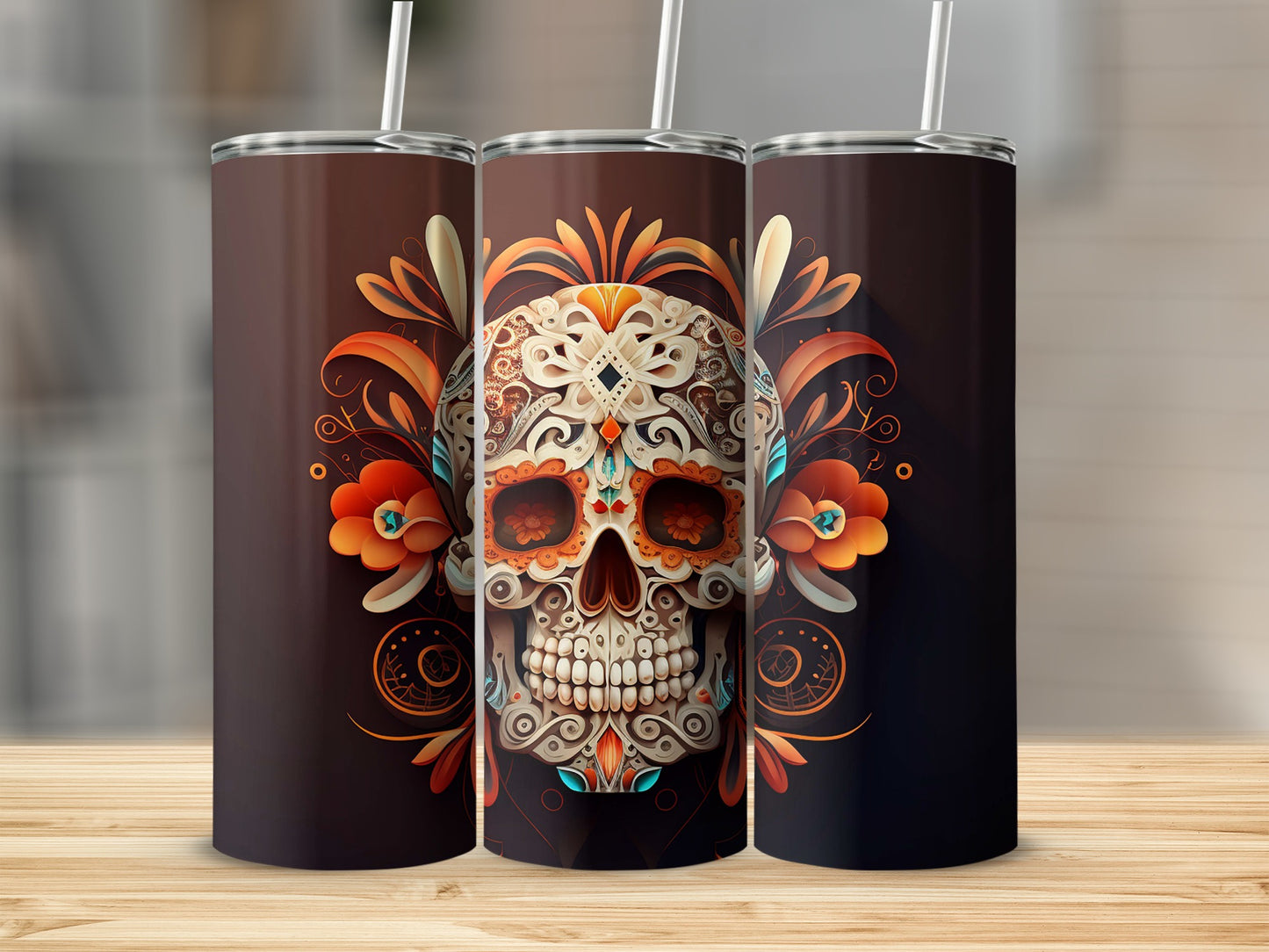 Ornate Floral Skull Art Design Tall Dark Tumbler