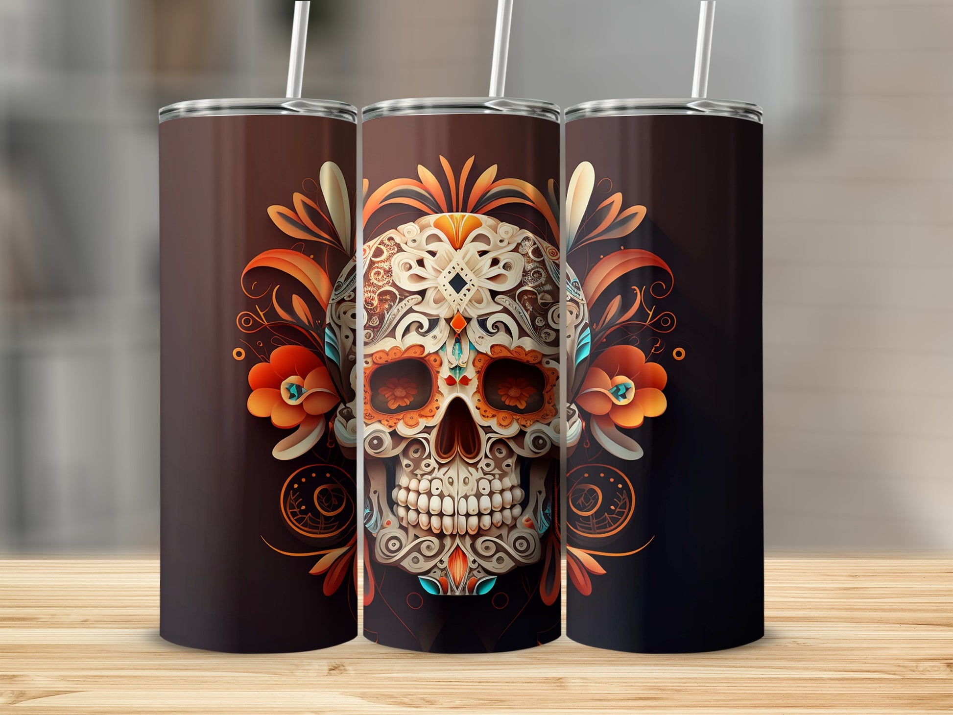 Ornate Floral Skull Art Design Tall Dark Tumbler