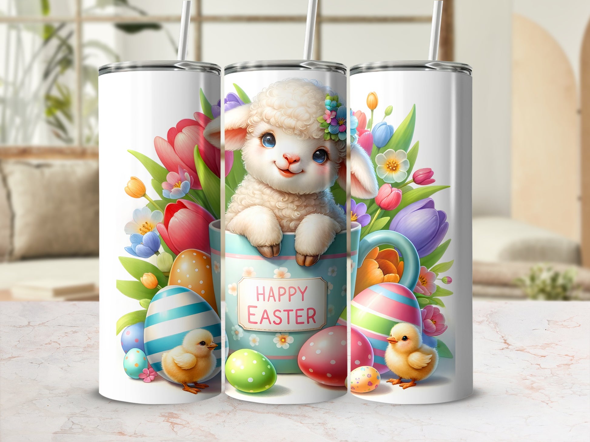 Easter tumbler with sheep, chicks, eggs, and tulips.