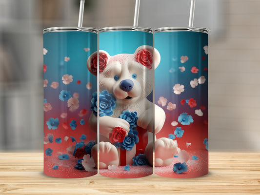 White teddy bear holding blue flowers with red and blue floral background.