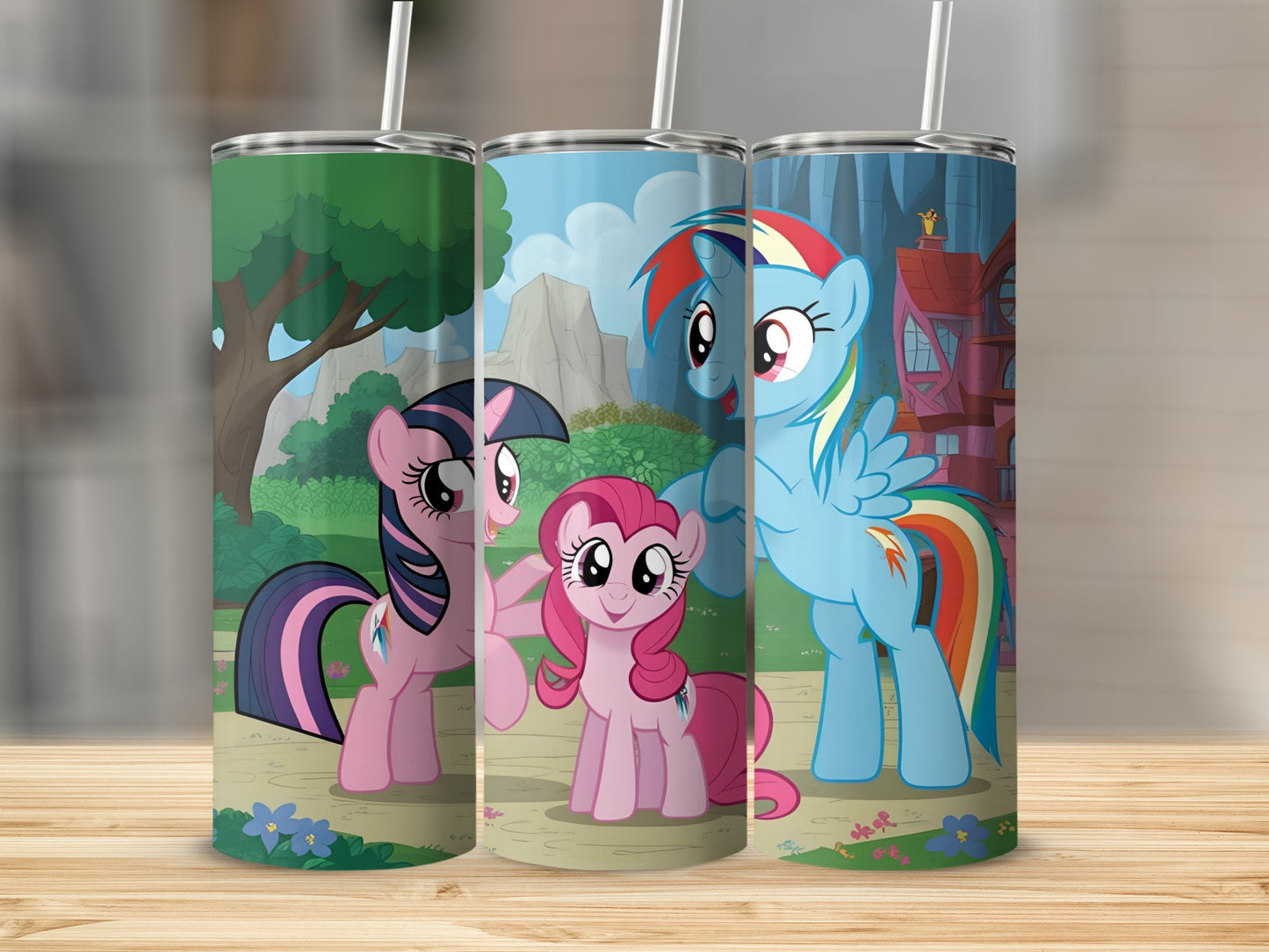 Three My Little Pony characters, Twilight Sparkle, Pinkie Pie, and Rainbow Dash, on tumblers.