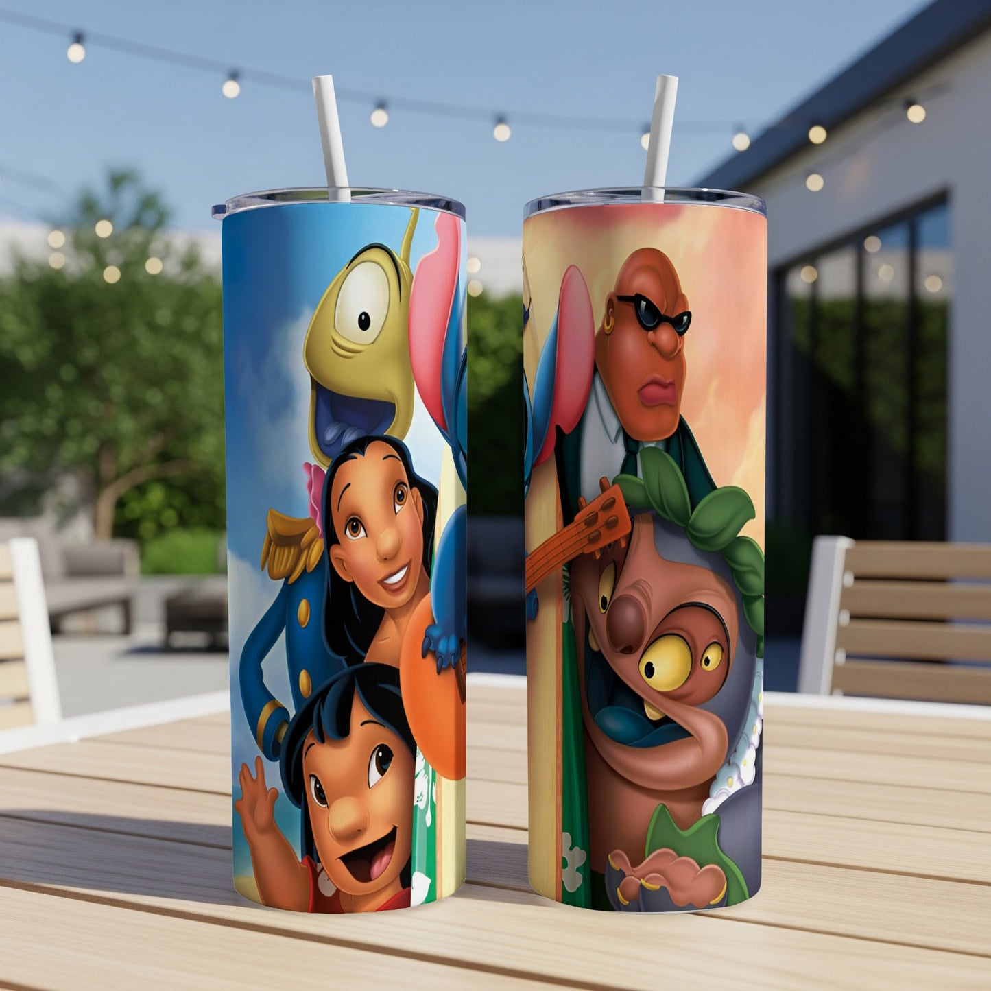 Two Disney character tumblers featuring Stitch, Lilo, and Jumba on a table.