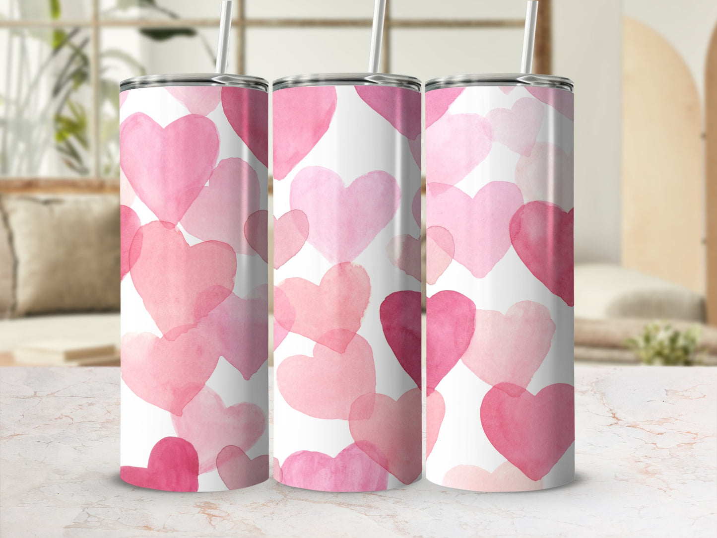 Pink Watercolor Hearts Design Tumbler Product