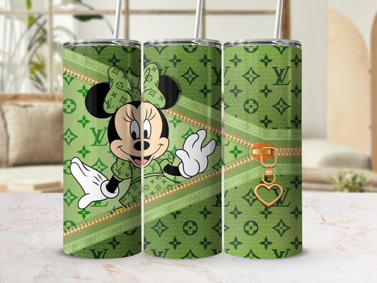 Minnie Mouse on green background with LV pattern and gold zipper detail.
