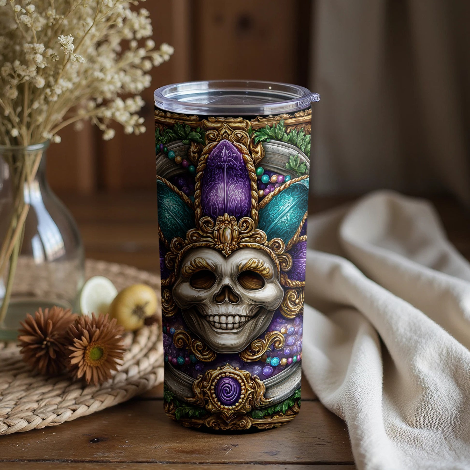 Intricate Skull and Feathers Tumbler Eye-Catching Design