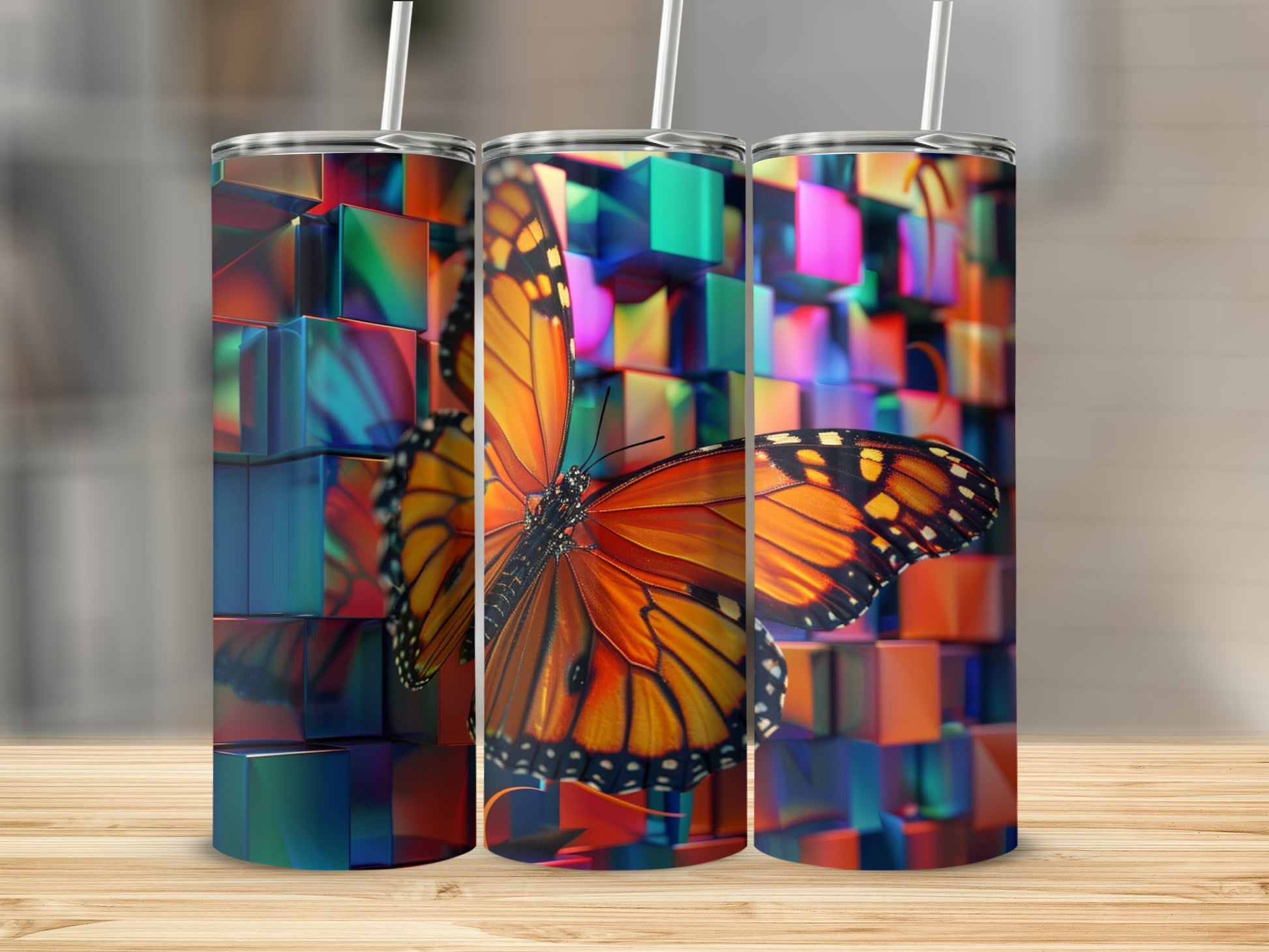Three tumblers with monarch butterfly and abstract cube art.