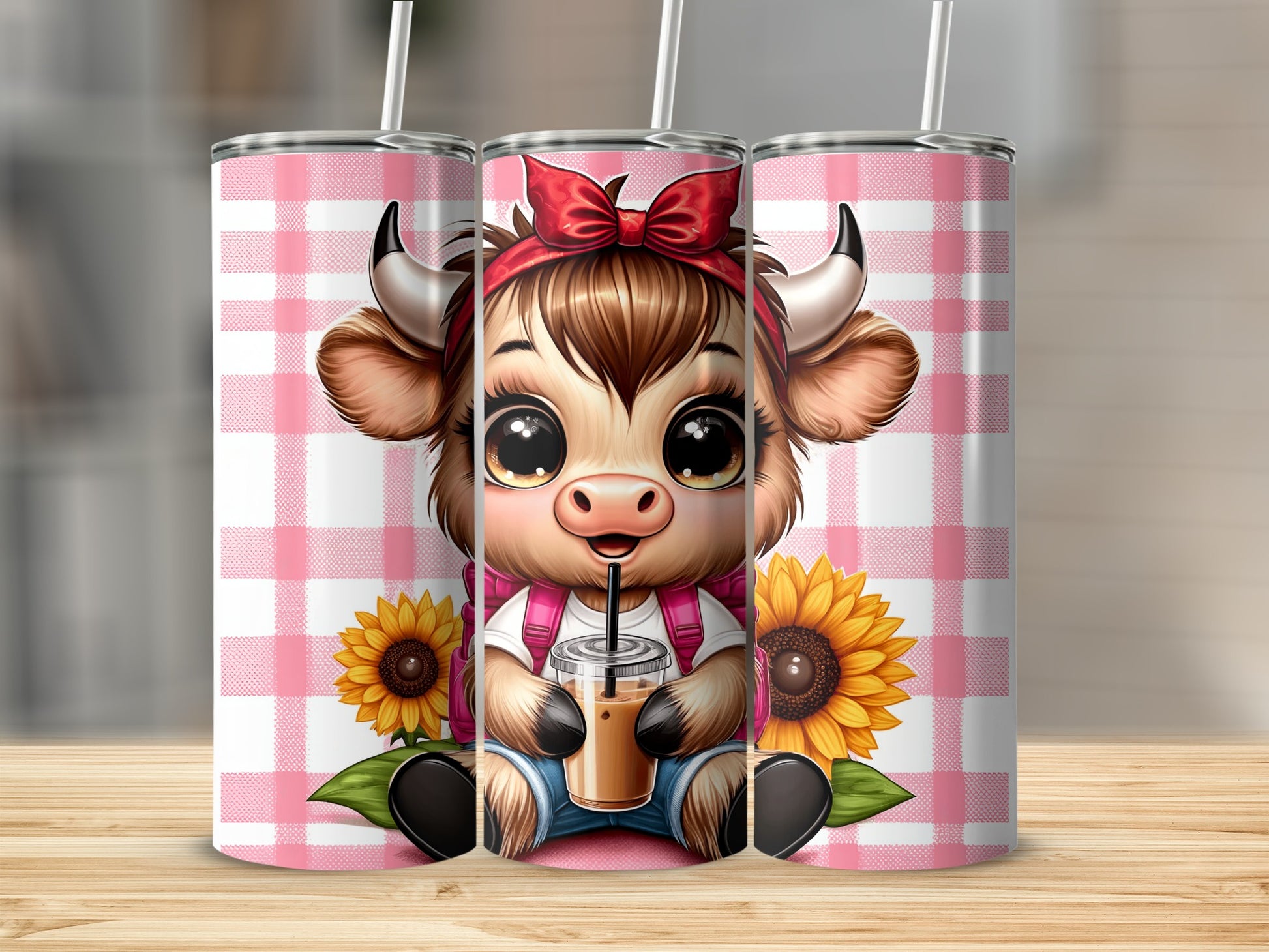 Cute cow with bow and sunflowers, holding iced coffee, on pink gingham background.