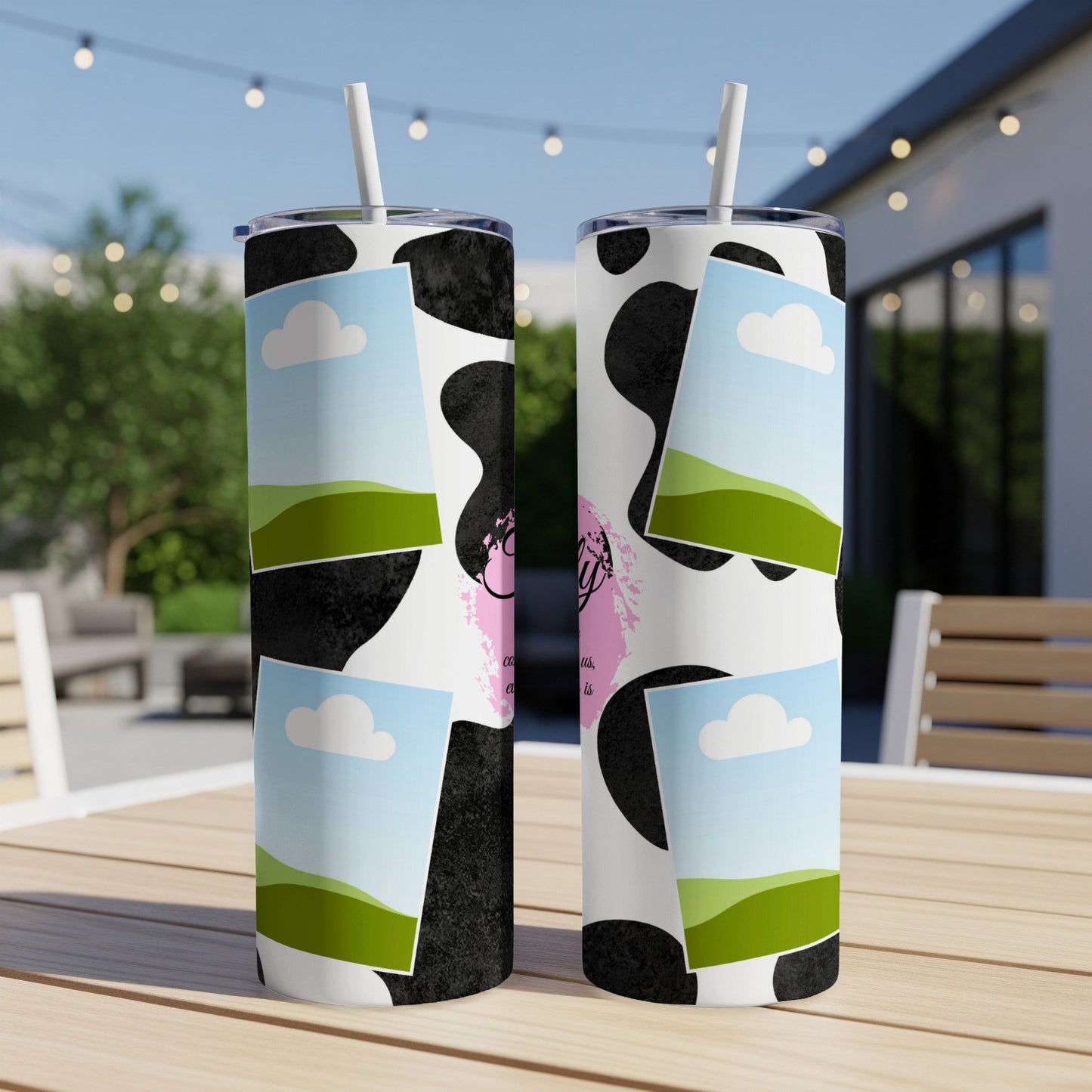 Two tumblers with cow print and photo collage designs, each with a straw.
