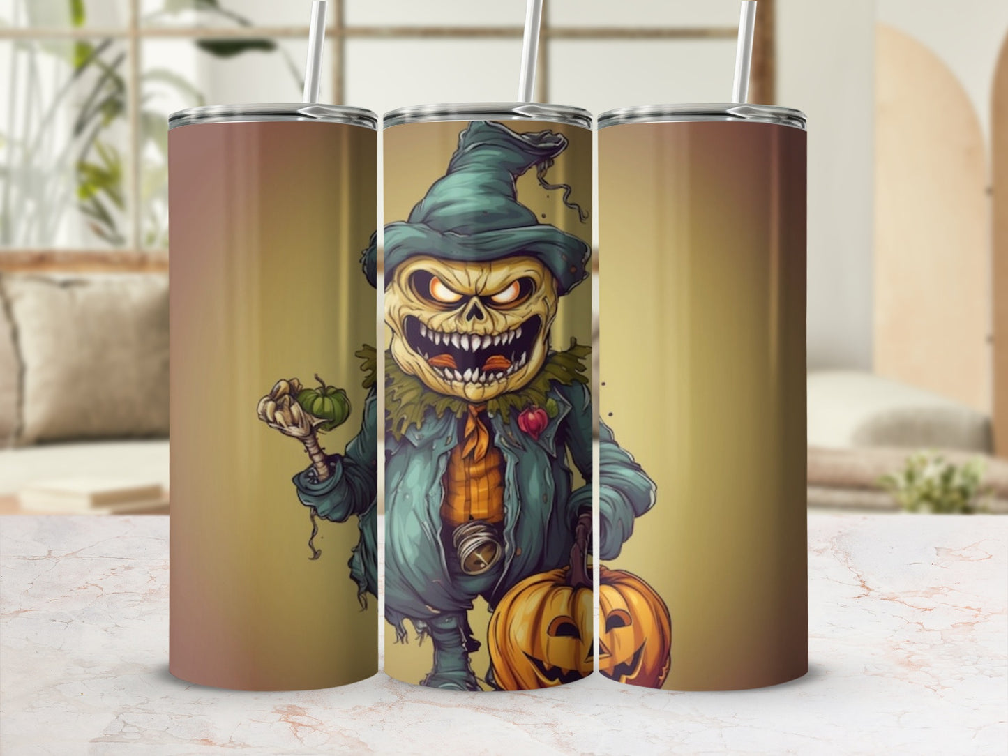 Tumblers feature a spooky, grinning scarecrow holding a pumpkin and a small gourd.