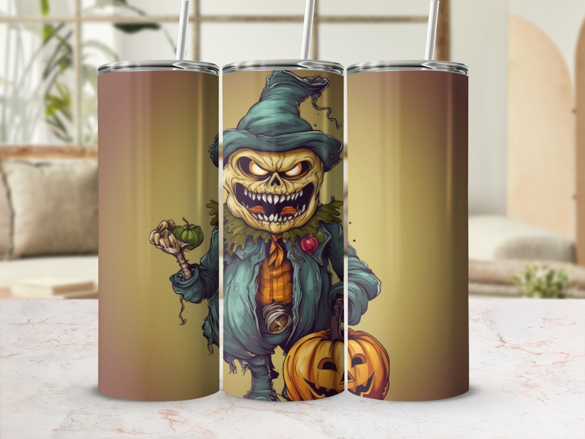 Tumblers feature a spooky, grinning scarecrow holding a pumpkin and a small gourd.