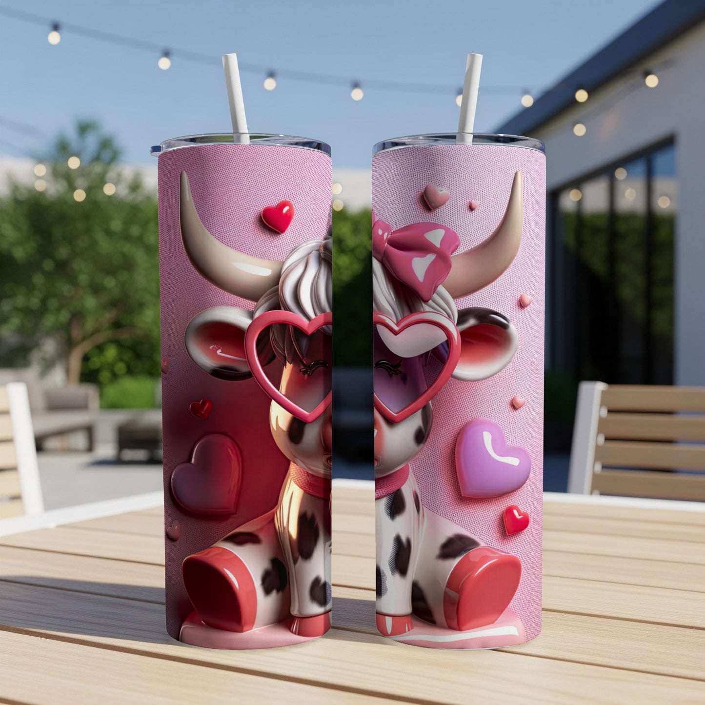 Pink cow tumbler with heart sunglasses and bow on pink background.