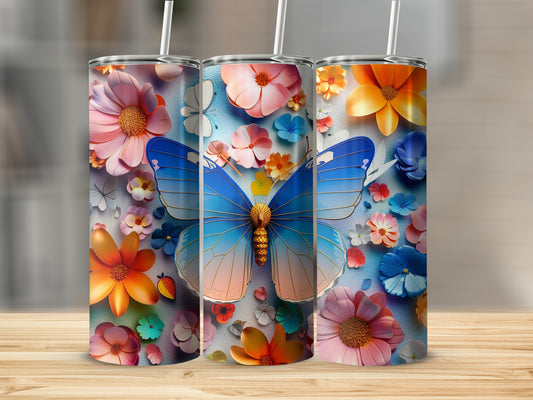 Three tumblers with butterflies and floral designs.