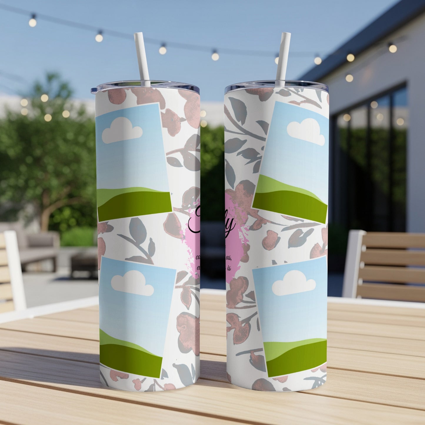 Two tumblers with collage of floral, landscape, and sky scenes.
