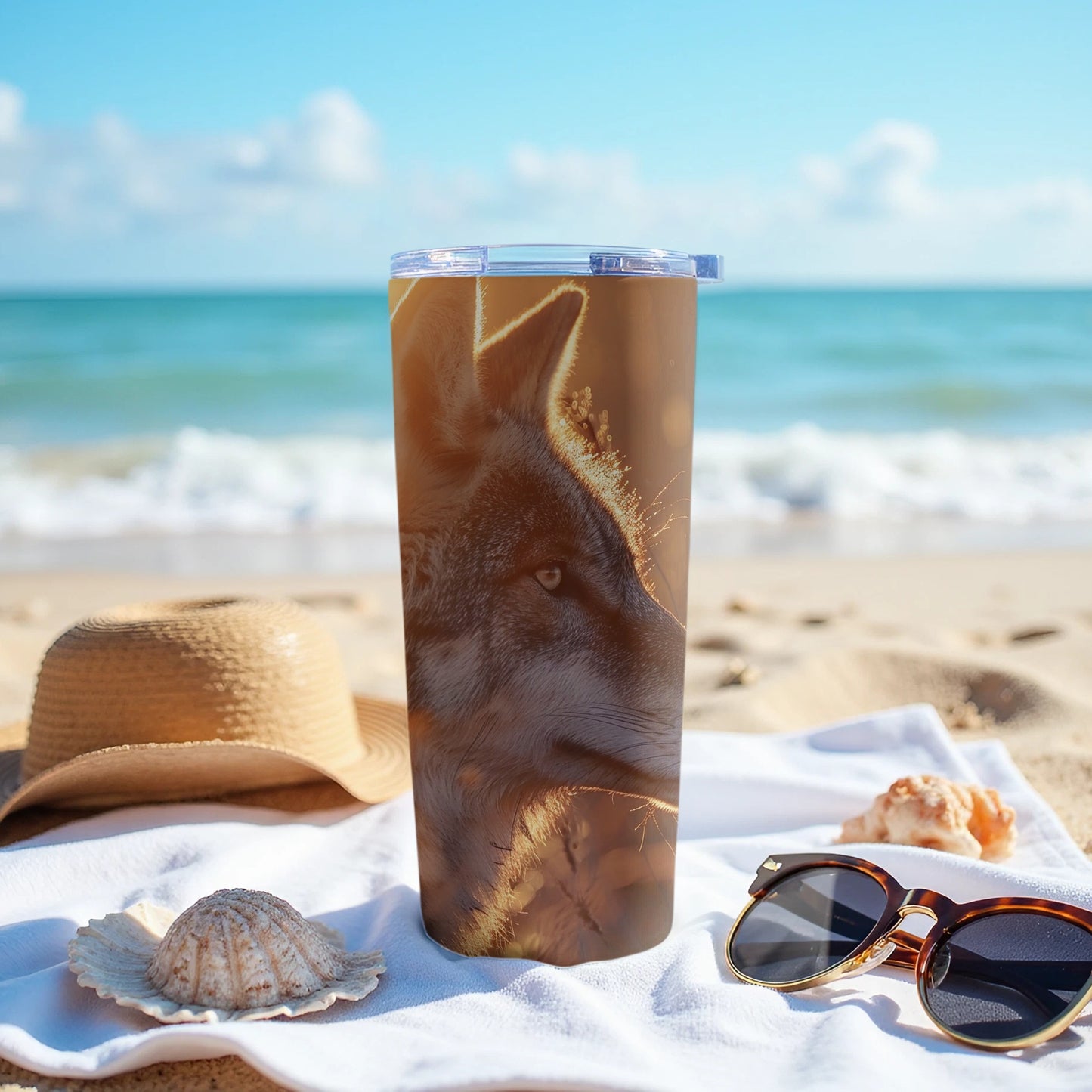 Wolf Tumbler Ocean Beach Warm Light Product Type
Tumbler, Wolf, Beach, Ocean, Sand, Wildlife, Animal, Drinkware, Insulatedcup, Travelmug, Summer, Vacation, Nature, Outdoors, Predator, Sunny, Brown, Blue, Unique, Gift