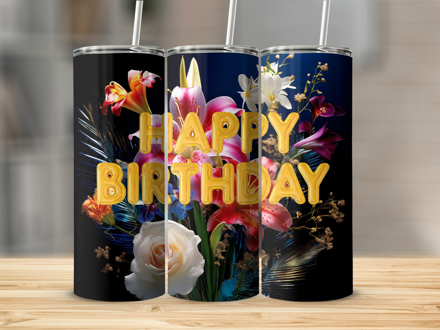 Happy Birthday tumbler with vibrant floral design and gold lettering.