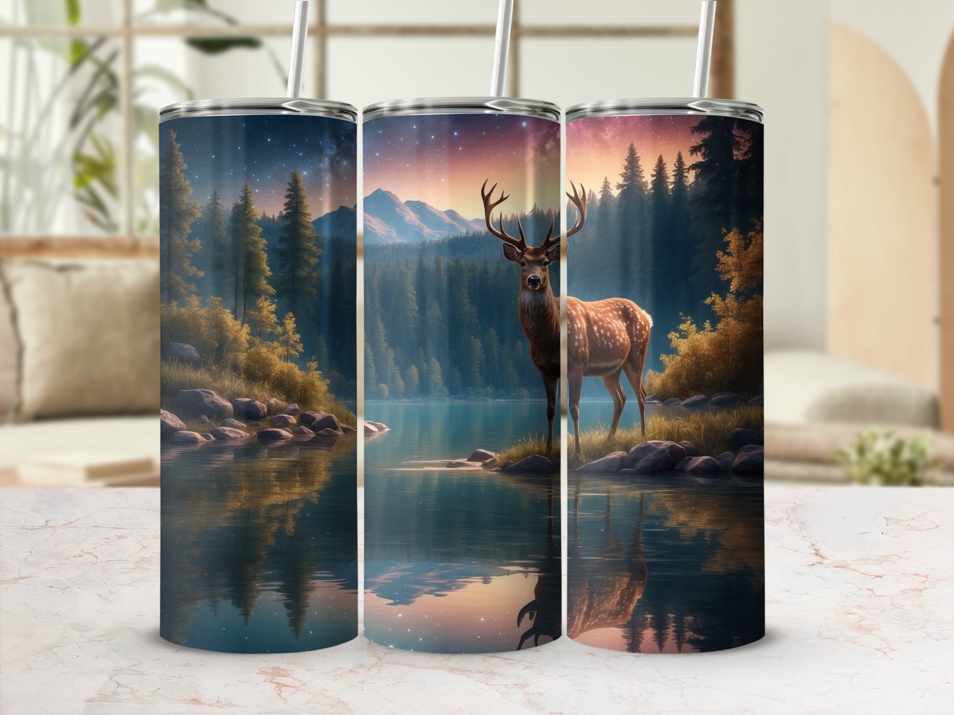 Deer in serene lake landscape with starry night sky.