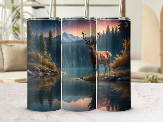 Deer in serene lake landscape with starry night sky.