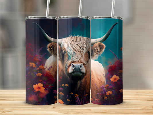Highland cow with long horns and shaggy fur among colorful flowers.