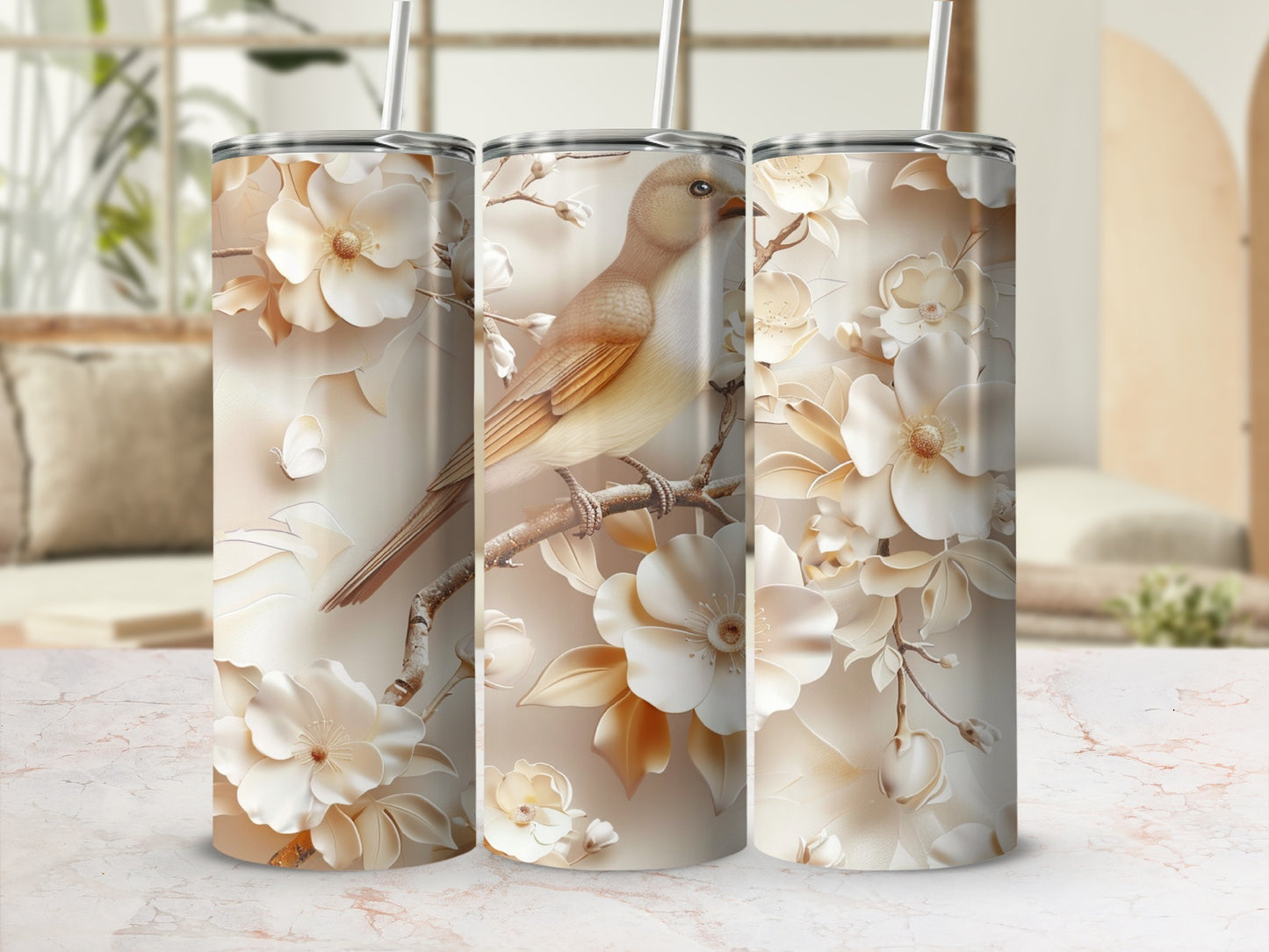 Floral tumbler with a bird perched on a branch, detailed illustration.