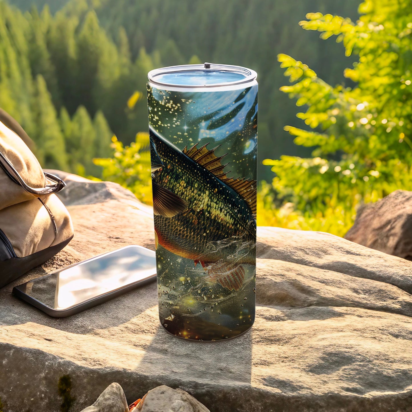 Tumbler with bass fish leaping from water, beside backpack and phone.