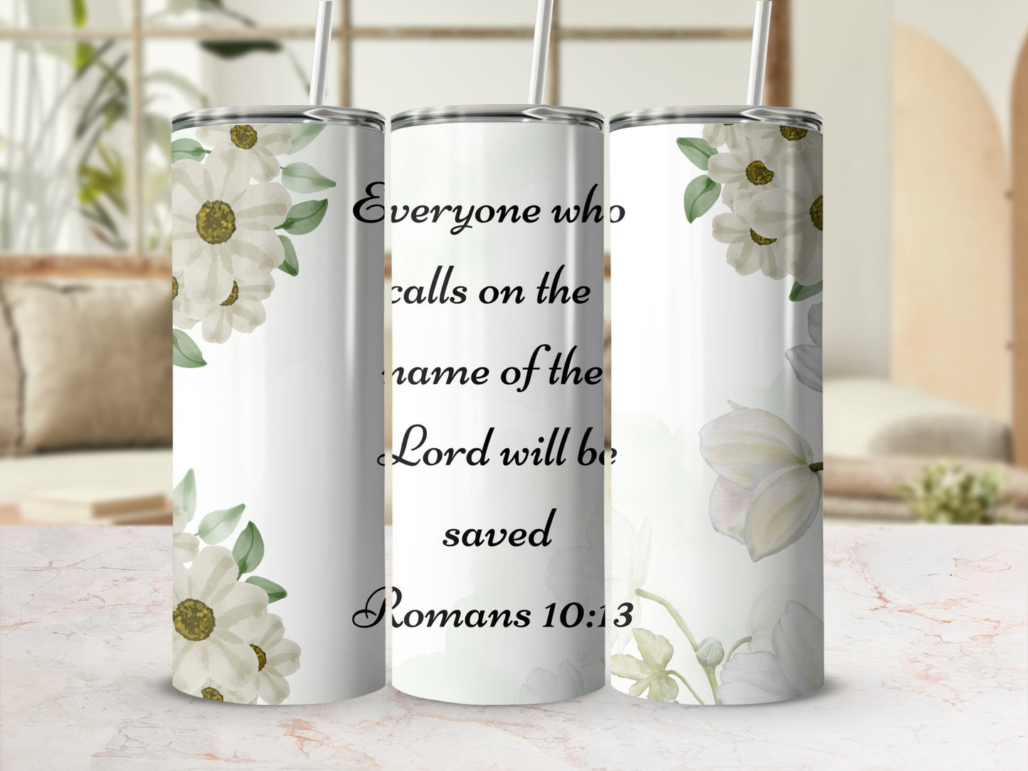 Floral and Faith-Inspired Romans 10:13 Design Tumbler