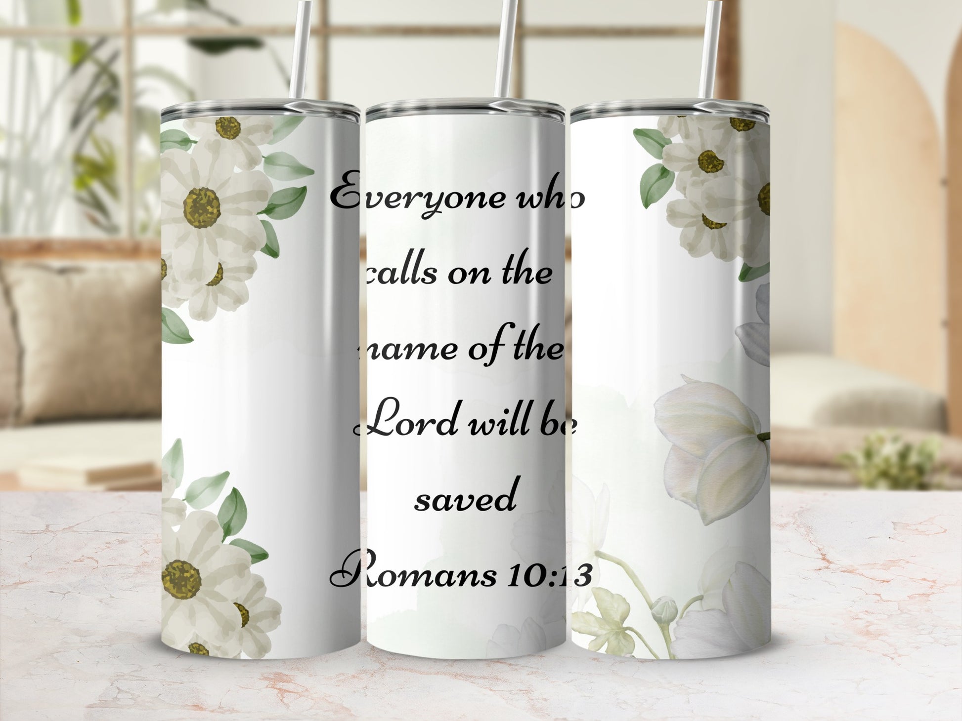 Floral and Faith-Inspired Romans 10:13 Design Tumbler