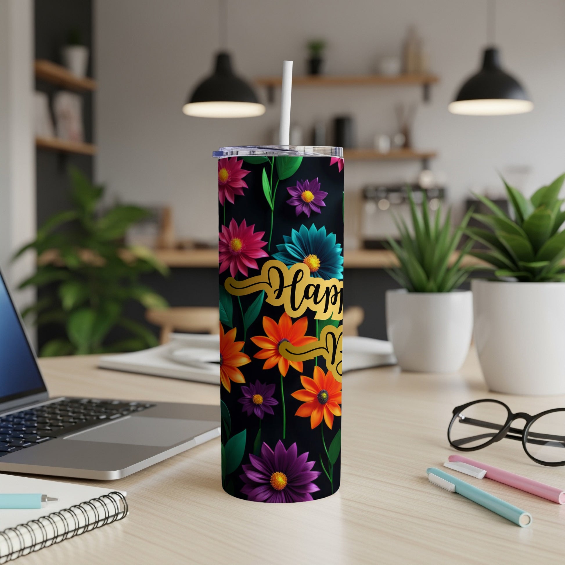 Black tumbler with colorful floral pattern and "Happy Mother's Day" text.