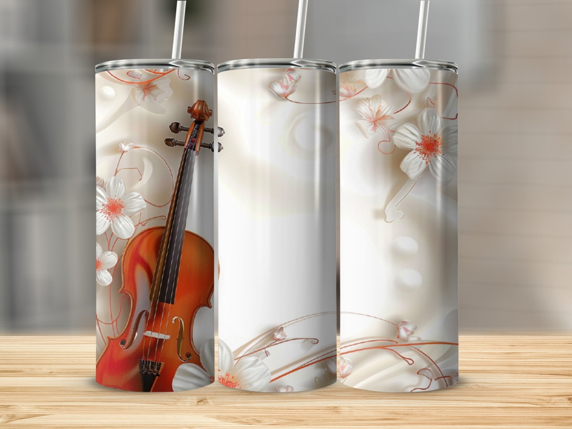 Violin with white floral accents on a neutral patterned background.
