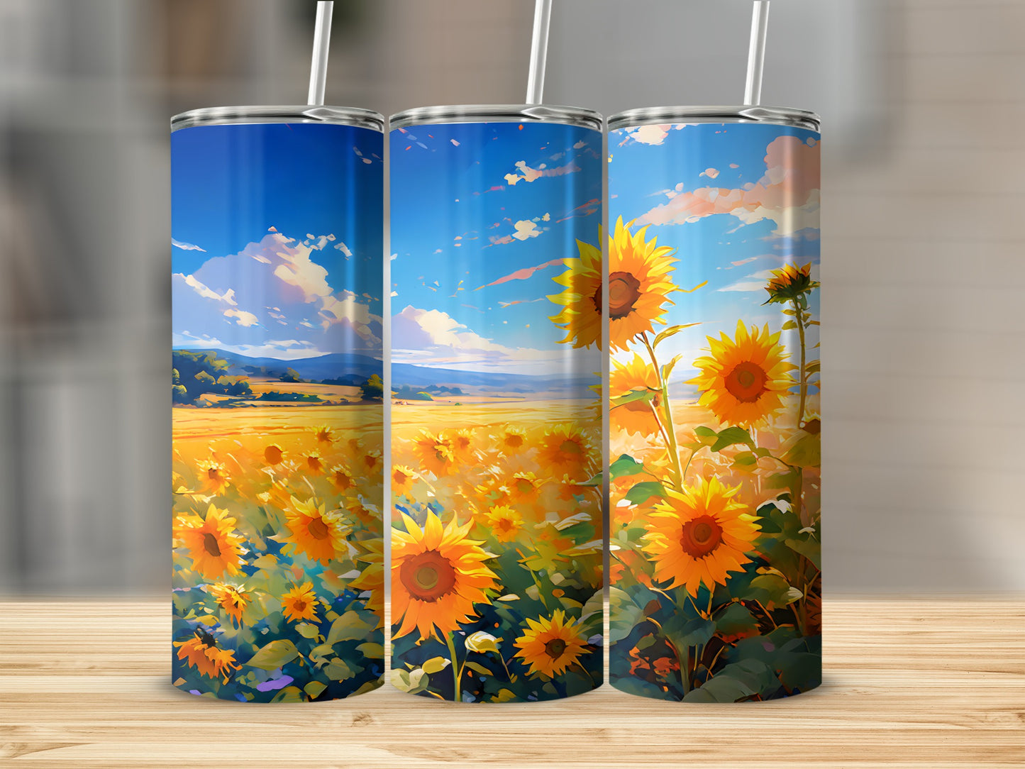 Three tumblers with a sunflower field and blue sky design.