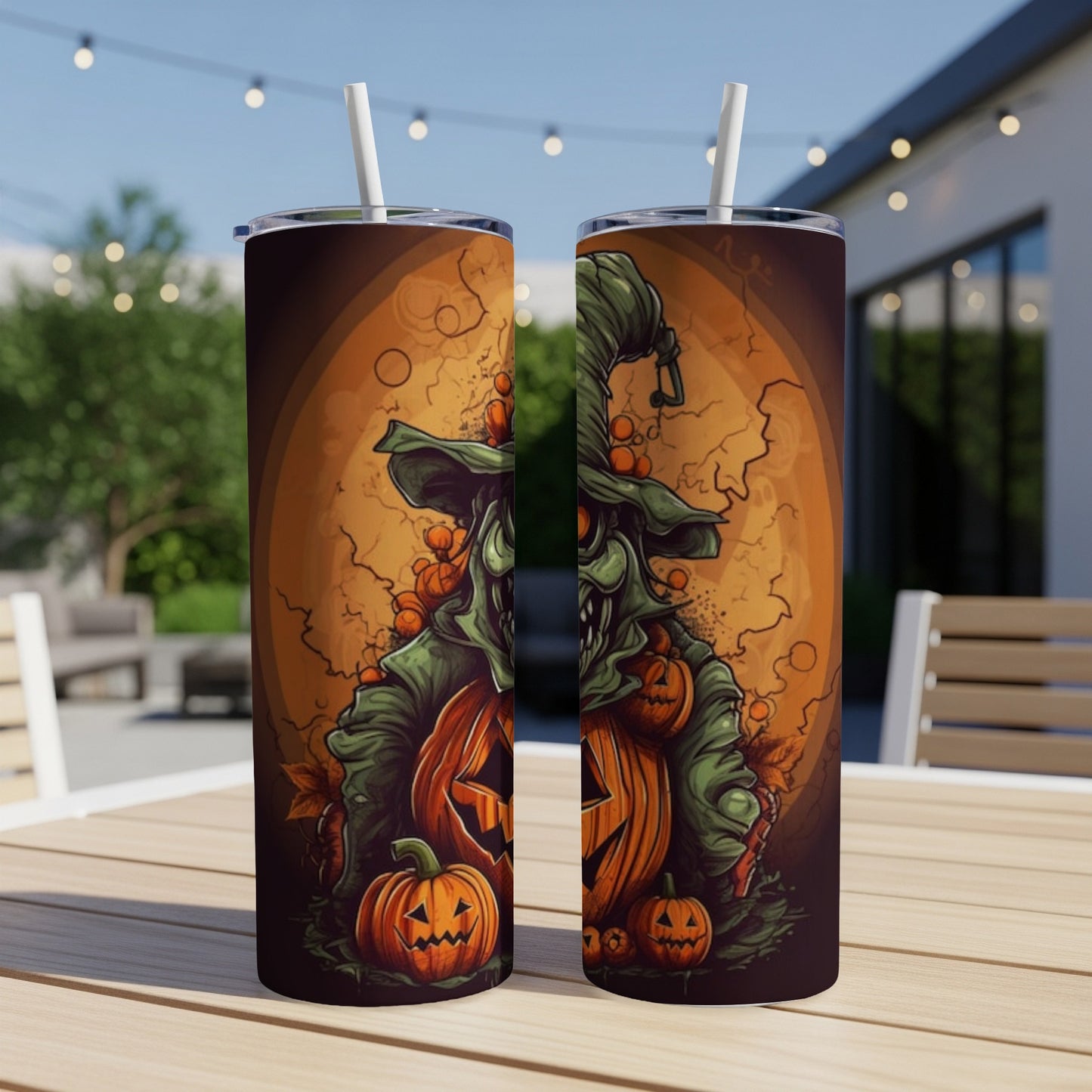 Two tumblers with a spooky green witch and jack-o'-lantern design.