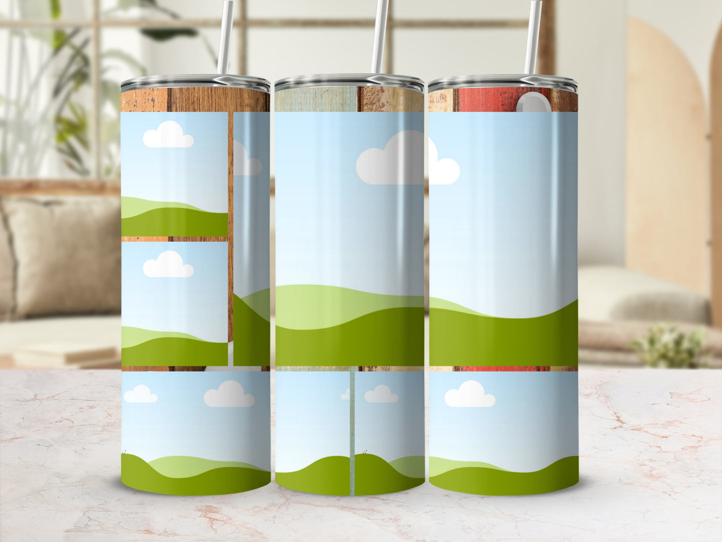Three tumblers with wood grain tops and landscape graphic designs.