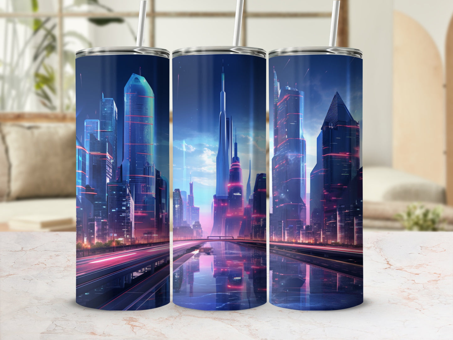 Futuristic Neon City Scene Insulated Tumbler Cup
