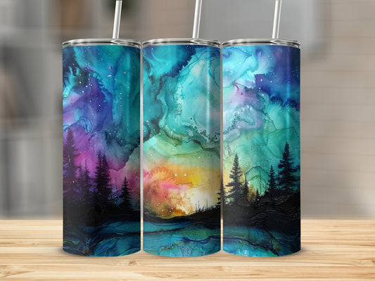 Three tumblers with colorful swirling sky and silhouette trees.