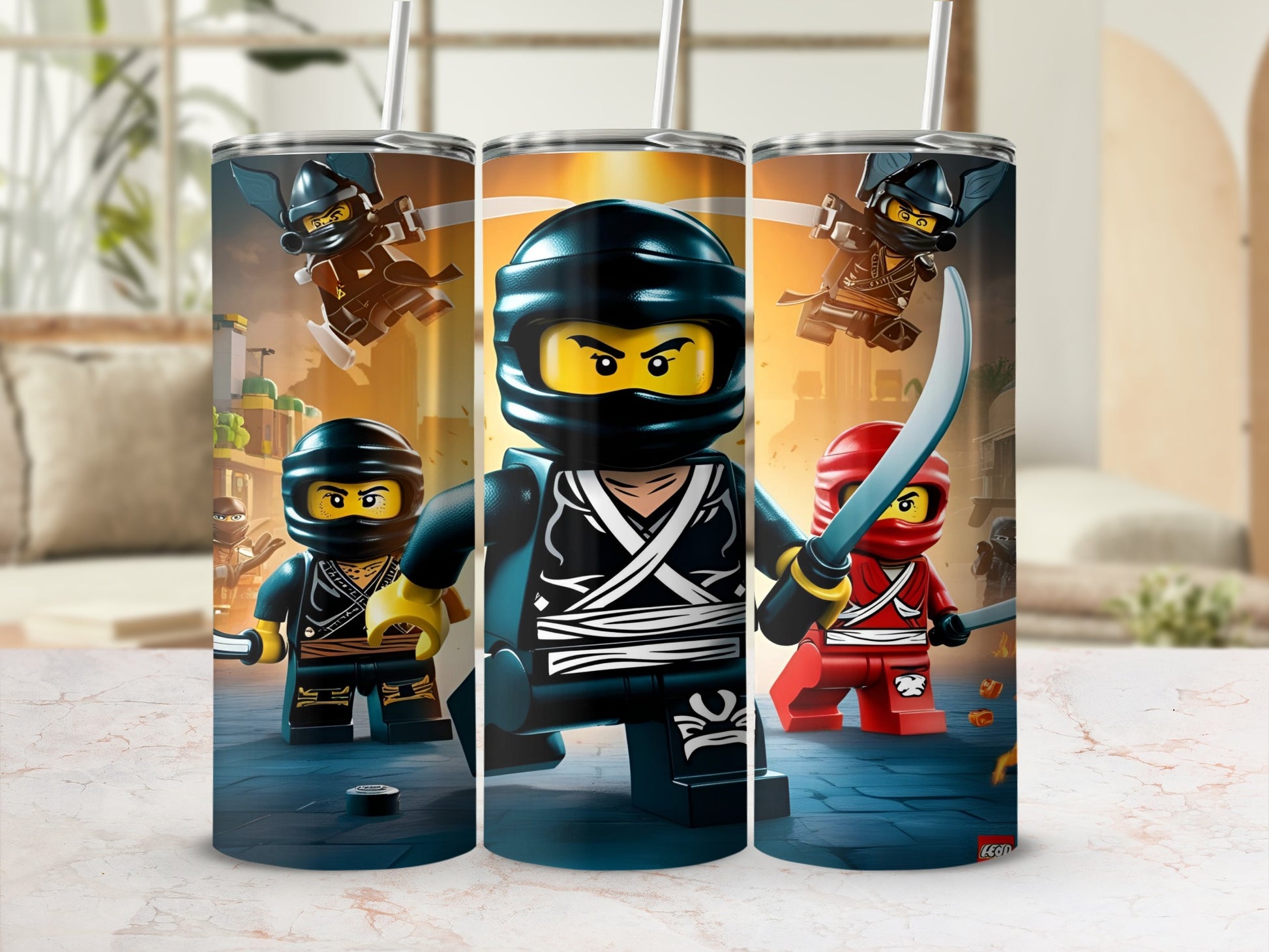 Lego Ninjago characters with weapons, on a tumbler design.