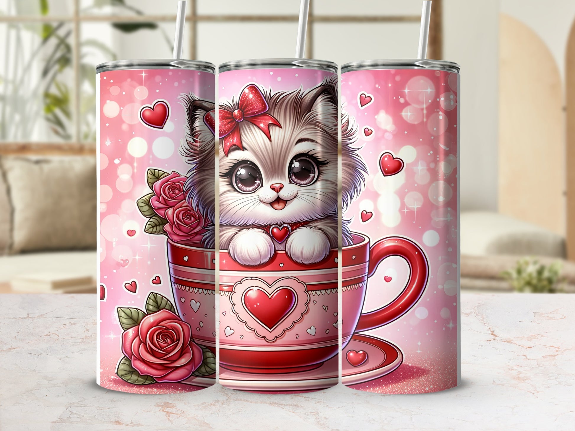 Pink tumbler with cute kitten in a teacup, roses, and hearts.