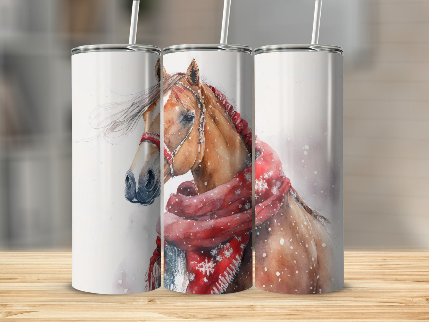 Three tumblers featuring a watercolor horse with a red scarf.