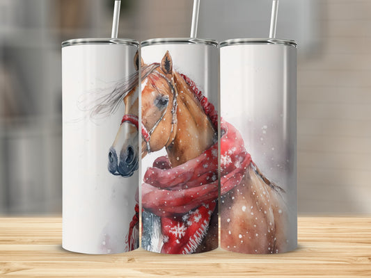 Three tumblers featuring a watercolor horse with a red scarf.