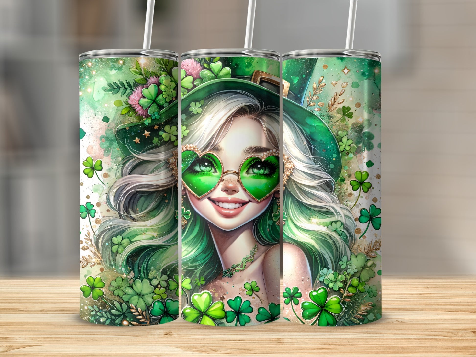 Woman in green with clover heart glasses and shamrock hat, surrounded by clovers.