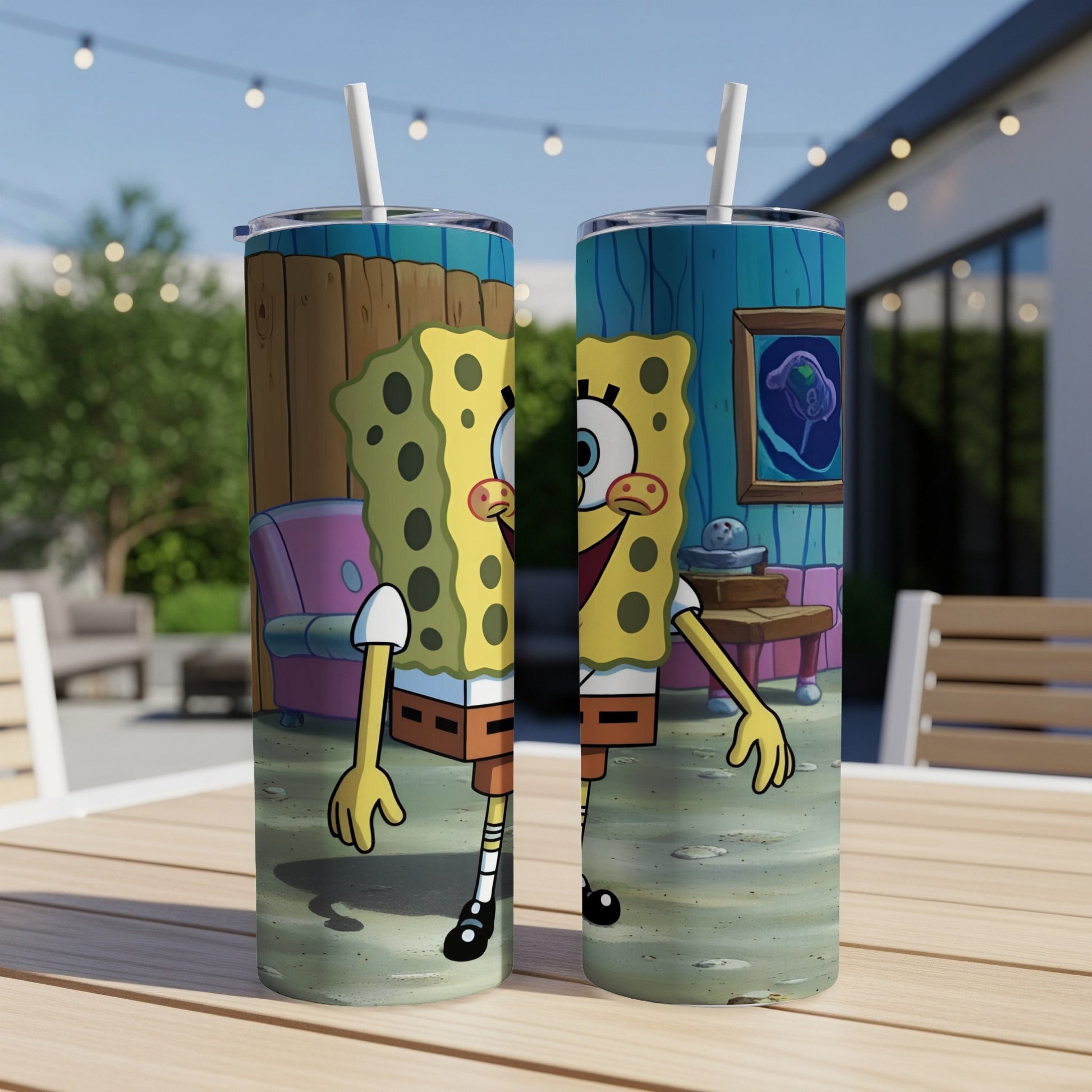 SpongeBob SquarePants tumbler on a wooden table outdoors.