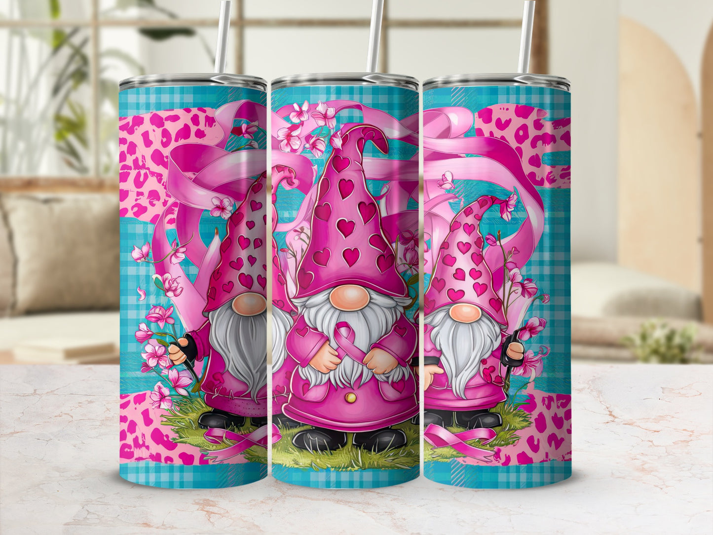 Three pink gnomes with heart patterns on blue plaid background.