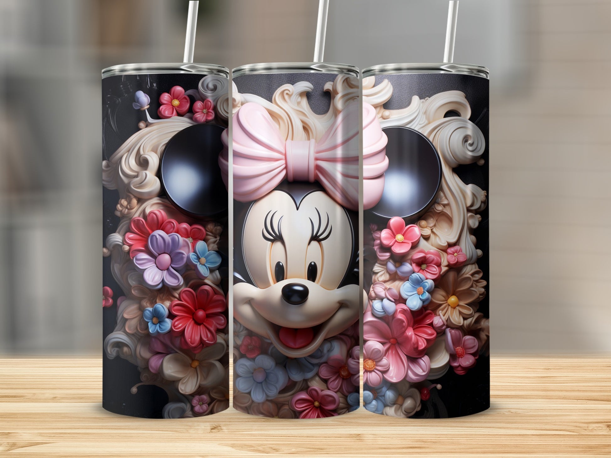 Cute Minnie Mouse Floral Black Pattern Tumbler